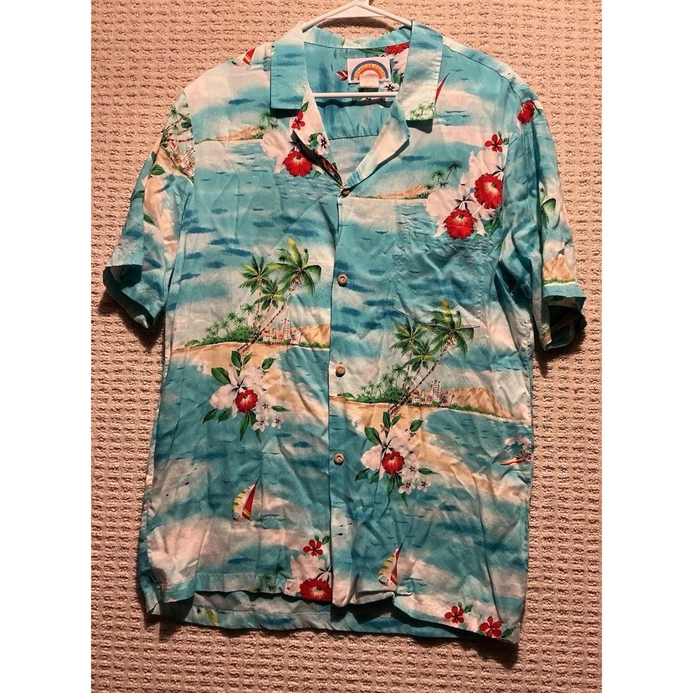 Paradise Found VTG Hawaiian Shirt L Ocean Diamond Head USA MADE Magnum PI 80's